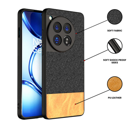 Kapa Soft Fabric & Leather Hybrid Protective Back Cover for OnePlus 12 | Shockproof Slim Hard Anti Slip Back Case (Black , Brown)