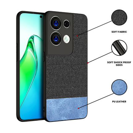 Kapa Soft Fabric & Leather Hybrid Protective Back Case Cover for Oppo Reno 8 PRO (5G) (Black,Blue) - Mobizang