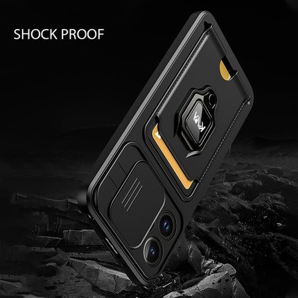 Bisen Back Cover for Apple iPhone 13 Pro Max (6.7) , Inbuilt Camera Slider ,Ring Stand and Card Pocket Shockproof Slim Bumper Back Case (Black)