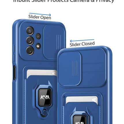 Bisen Back Cover for Samsung Galaxy A73 (5G) , Inbuilt Camera Slider ,Ring Stand and Card Pocket Shockproof Slim Bumper Back Case (Blue) - Mobizang