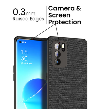 Soft Fabric & Leather Hybrid for Oppo Reno 6 Pro Back Cover, Shockproof Protection Slim Hard Back Case (Black, Blue)