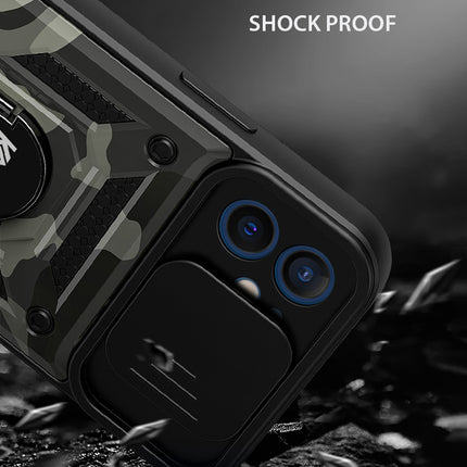 Tank Back Cover for Apple iPhone 12 (6.1) , Inbuilt Ring + Slider [Military Grade Protection] Shockproof Lens Protection Case (Black)