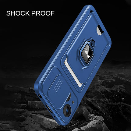 Kapa Bisen Back Cover for Apple iPhone 15 | Inbuilt Camera Slider Ring Stand and Card Pocket Shockproof Slim Bumper Back Case (Blue)