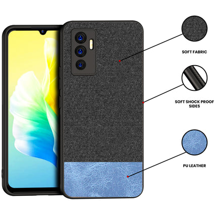 Soft Fabric & Leather Hybrid Protective Case Cover for Vivo V23E (Black ,Blue) - Mobizang