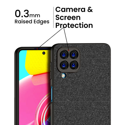 Soft Fabric & Leather Hybrid Protective Back Case Cover for Samsung Galaxy M53 (5G) (Black , Brown)