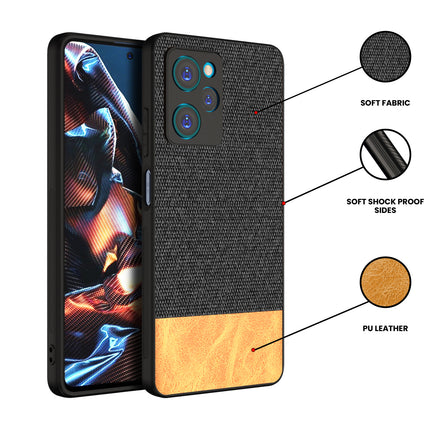 Kapa Soft Fabric & Leather Hybrid for Poco X5 PRO Back Cover | Shockproof Hybrid Slim Hard Anti Slip Back Case (Black, Brown)