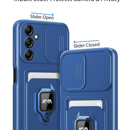 Kapa Bisen Back Cover for Samsung Galaxy A34 (5G) | Inbuilt Camera Slider Ring Stand and Card Pocket Shockproof Slim Bumper Back Case (Blue)