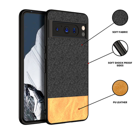 Kapa Soft Fabric & Leather Hybrid Protective Back Cover for Google Pixel 8 PRO | Shockproof Slim Hard Anti Slip Back Case (Black::Brown)
