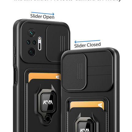 Kapa Bisen Back Cover for Redmi Note 10 Pro / Note 10 Pro Max , Inbuilt Camera Slider Ring Stand and Card Pocket Shockproof Slim Bumper Back Case (Black)