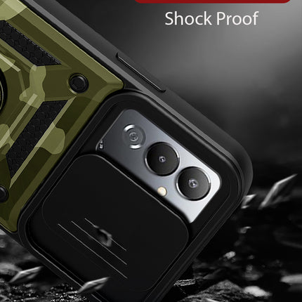 Kapa Tank Back Cover for Tecno Pova 4 Pro | Inbuilt Ring + Slider Shockproof Lens Protection Case (Green)