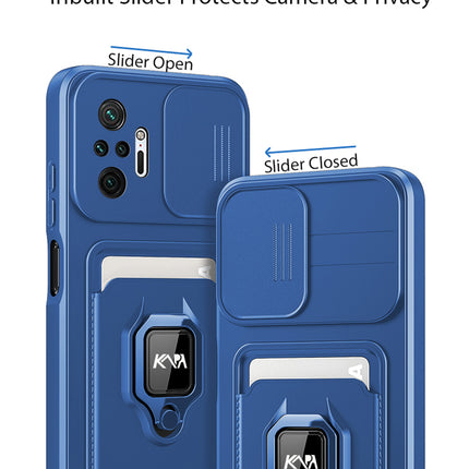 Kapa Bisen Back Cover for Redmi Note 10 Pro / Note 10 Pro Max , Inbuilt Camera Slider Ring Stand and Card Pocket Shockproof Slim Bumper Back Case (Blue) - Mobizang
