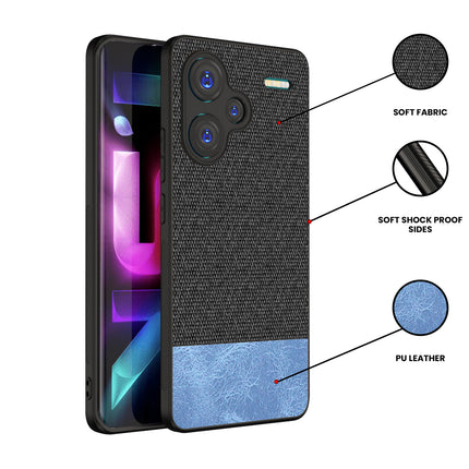 Kapa Soft Fabric & Leather Hybrid Protective Back Cover for Redmi Note 13 PRO PLUS | Shockproof Slim Hard Anti Slip Back Case (Black , Blue) - Mobizang