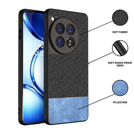 Kapa Soft Fabric & Leather Hybrid Protective Back Cover for OnePlus 12 | Shockproof Slim Hard Anti Slip Back Case (Black , Blue) - Mobizang