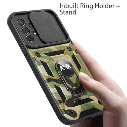 Tank Back Cover for Samsung Galaxy A73 (5G) , Inbuilt Ring + Slider Shockproof Lens Protection Case (Green)