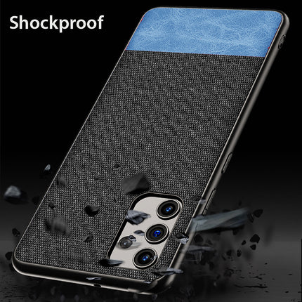 Soft Fabric & Leather Hybrid Protective Case Cover for Samsung Galaxy M32 (5G) (Black,Blue)
