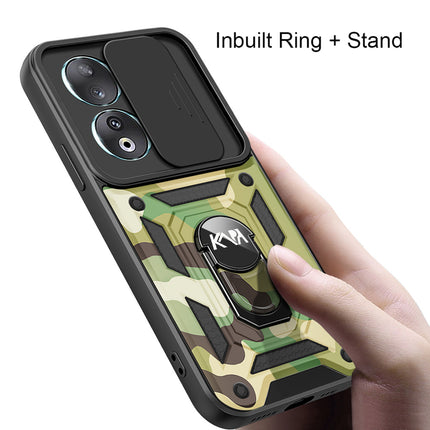 Kapa Tank Back Cover for Honor 90 (5G) | Inbuilt Ring + Slider Shockproof Lens Protection Bumper Back Case (Green)