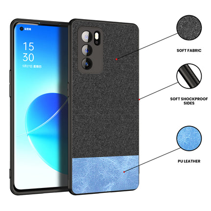 Soft Fabric & Leather Hybrid for Oppo Reno 6 Pro Back Cover, Shockproof Protection Slim Hard Back Case (Black, Blue)