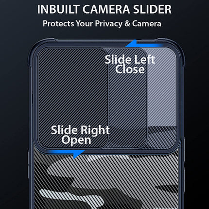 Camo Slider Back Cover for Apple iPhone 13 Pro Max , [Military Grade Protection] Shockproof Slim Clear Camera Shield Bumper Back Case (Blue)