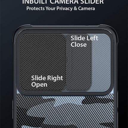 Camo Slider Back Cover for Apple iPhone 13 Pro Max , [Military Grade Protection] Shockproof Slim Clear Camera Shield Bumper Back Case (Black)