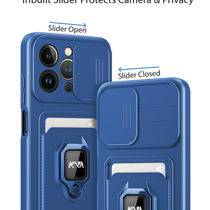 Bisen Back Cover for Apple iPhone 13 Pro Max (6.7) , Inbuilt Camera Slider ,Ring Stand and Card Pocket Shockproof Slim Bumper Back Case (Blue)