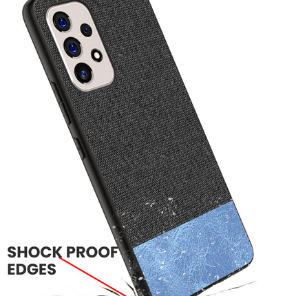 Soft Fabric & Leather Hybrid for Samsung Galaxy A73 Back Cover, Shockproof Protection Slim Hard Back Case (Black ,Blue)