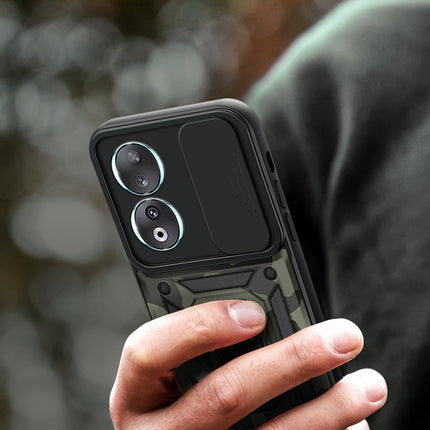 Kapa Tank Back Cover for Honor 90 (5G) | Inbuilt Ring + Slider Shockproof Lens Protection Bumper Back Case (Black)