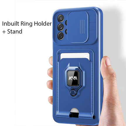 Bisen Back Cover for Samsung Galaxy A73 (5G) , Inbuilt Camera Slider ,Ring Stand and Card Pocket Shockproof Slim Bumper Back Case (Blue) - Mobizang