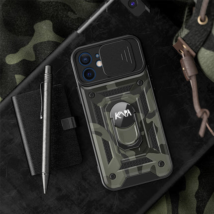 Tank Back Cover for Apple iPhone 12 (6.1) , Inbuilt Ring + Slider [Military Grade Protection] Shockproof Lens Protection Case (Black)