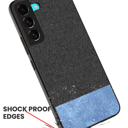 Soft Fabric & Leather Hybrid for Samsung Galaxy S21 FE Back Cover, Shockproof Protection Slim Hard Back Case (Black ,Blue)