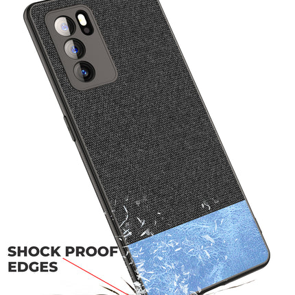Soft Fabric & Leather Hybrid for Oppo Reno 6 Pro Back Cover, Shockproof Protection Slim Hard Back Case (Black, Blue)