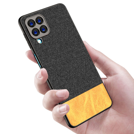 Soft Fabric & Leather Hybrid Protective Back Case Cover for Samsung Galaxy M53 (5G) (Black , Brown)