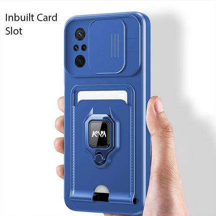 Kapa Bisen Back Cover for Redmi Note 10 Pro / Note 10 Pro Max , Inbuilt Camera Slider Ring Stand and Card Pocket Shockproof Slim Bumper Back Case (Blue) - Mobizang