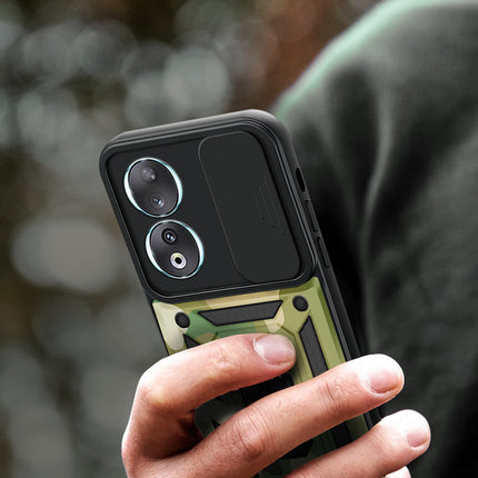 Kapa Tank Back Cover for Honor 90 (5G) | Inbuilt Ring + Slider Shockproof Lens Protection Bumper Back Case (Green)