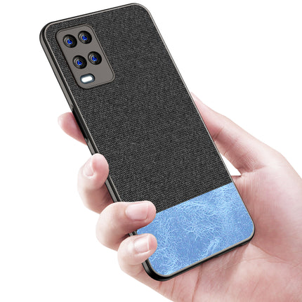 Soft Fabric & Leather Hybrid for Oppo A54 (4G) Back Cover, Shockproof Protection Slim Hard Back Case (Black, Blue)