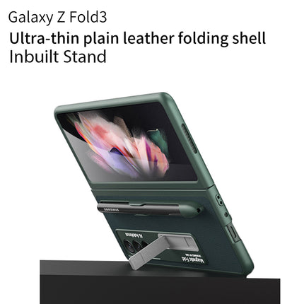 Leather Case With S Pen Holder for Samsung Galaxy Z Fold3 , Inbuilt Stand Hybrid Stand Protection Back Cover, Green