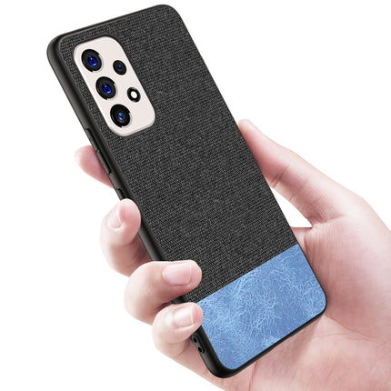 Soft Fabric & Leather Hybrid for Samsung Galaxy A73 Back Cover, Shockproof Protection Slim Hard Back Case (Black ,Blue)