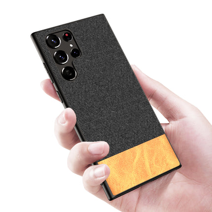 Soft Fabric & Leather Hybrid Protective Case Cover for Samsung Galaxy S22 ULTRA (Black,Brown)