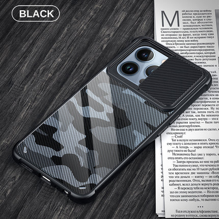 Camo Slider Back Cover for Apple iPhone 13 Pro Max , [Military Grade Protection] Shockproof Slim Clear Camera Shield Bumper Back Case (Black)
