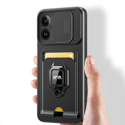Bisen Back Cover for Apple iPhone 13 Pro Max (6.7) , Inbuilt Camera Slider ,Ring Stand and Card Pocket Shockproof Slim Bumper Back Case (Black)