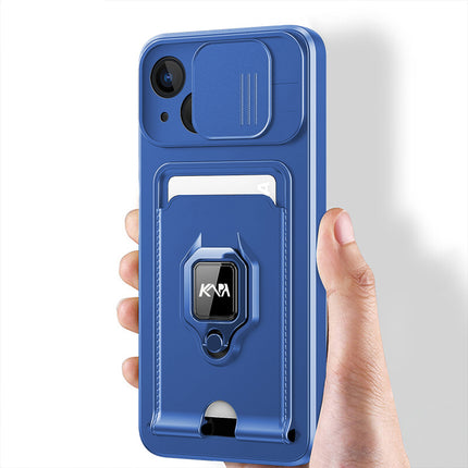 Kapa Bisen Back Cover for Apple iPhone 15 Plus | Inbuilt Camera Slider Ring Stand and Card Pocket Shockproof Slim Bumper Back Case (Blue)