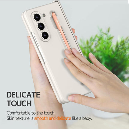 Kapa Contrast Magnetic Hinge Case for Samsung Galaxy Z Fold 5 | Inbuilt S-Pen Holder Stand Hybrid Back Cover (Cream with Orange Pen) - Mobizang