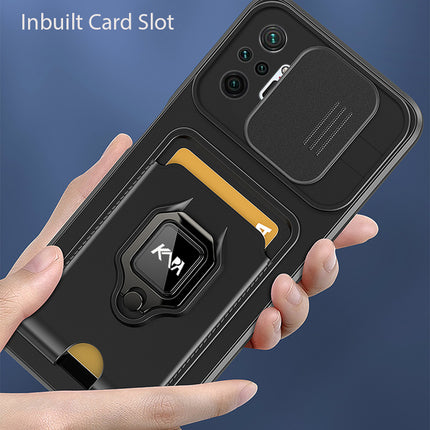 Kapa Bisen Back Cover for Redmi Note 10 Pro / Note 10 Pro Max , Inbuilt Camera Slider Ring Stand and Card Pocket Shockproof Slim Bumper Back Case (Black)