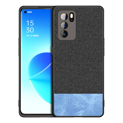 Soft Fabric & Leather Hybrid for Oppo Reno 6 Pro Back Cover, Shockproof Protection Slim Hard Back Case (Black, Blue)