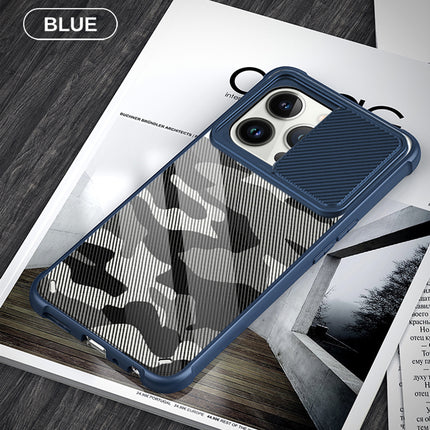 Camo Slider Back Cover for Apple iPhone 13 Pro Max , [Military Grade Protection] Shockproof Slim Clear Camera Shield Bumper Back Case (Blue)