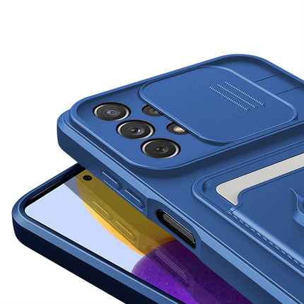 Bisen Back Cover for Samsung Galaxy A73 (5G) , Inbuilt Camera Slider ,Ring Stand and Card Pocket Shockproof Slim Bumper Back Case (Blue) - Mobizang