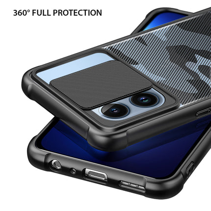 Camo Slider Back Cover for Apple iPhone 13 Pro Max , [Military Grade Protection] Shockproof Slim Clear Camera Shield Bumper Back Case (Black)