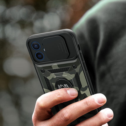 Tank Back Cover for Apple iPhone 12 (6.1) , Inbuilt Ring + Slider [Military Grade Protection] Shockproof Lens Protection Case (Black)