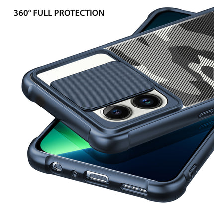 Camo Slider Back Cover for Apple iPhone 13 Pro Max , [Military Grade Protection] Shockproof Slim Clear Camera Shield Bumper Back Case (Blue)