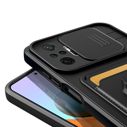 Kapa Bisen Back Cover for Redmi Note 10 Pro / Note 10 Pro Max , Inbuilt Camera Slider Ring Stand and Card Pocket Shockproof Slim Bumper Back Case (Black)