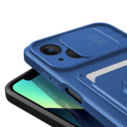Kapa Bisen Back Cover for Apple iPhone 15 Plus | Inbuilt Camera Slider Ring Stand and Card Pocket Shockproof Slim Bumper Back Case (Blue)